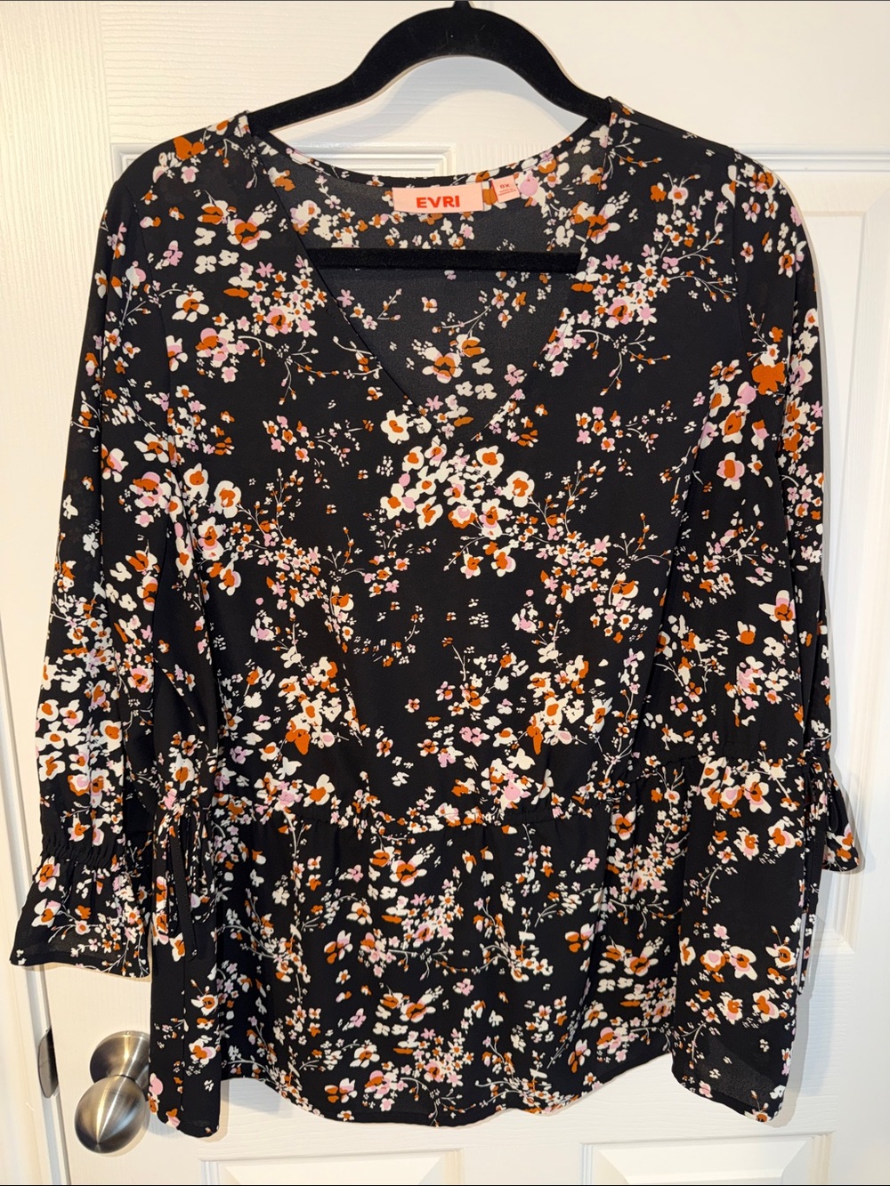 EVRI Black Floral V-Neck Peasant Blouse